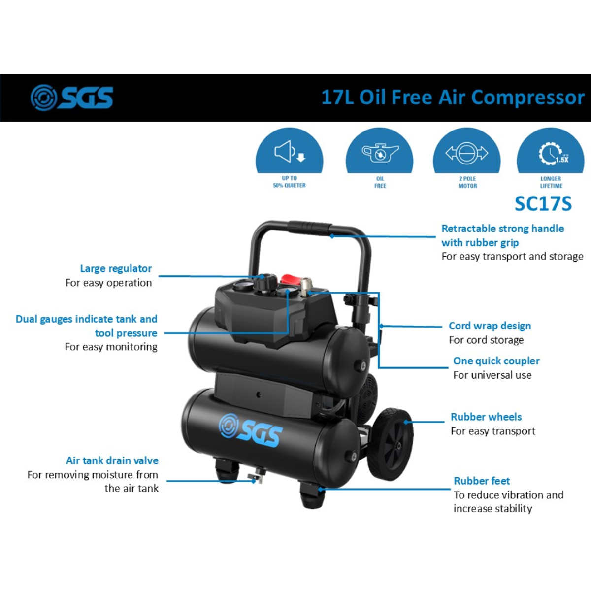 SGS Silent Air Compressor Oil Free 17L 1HP 5.6CFM